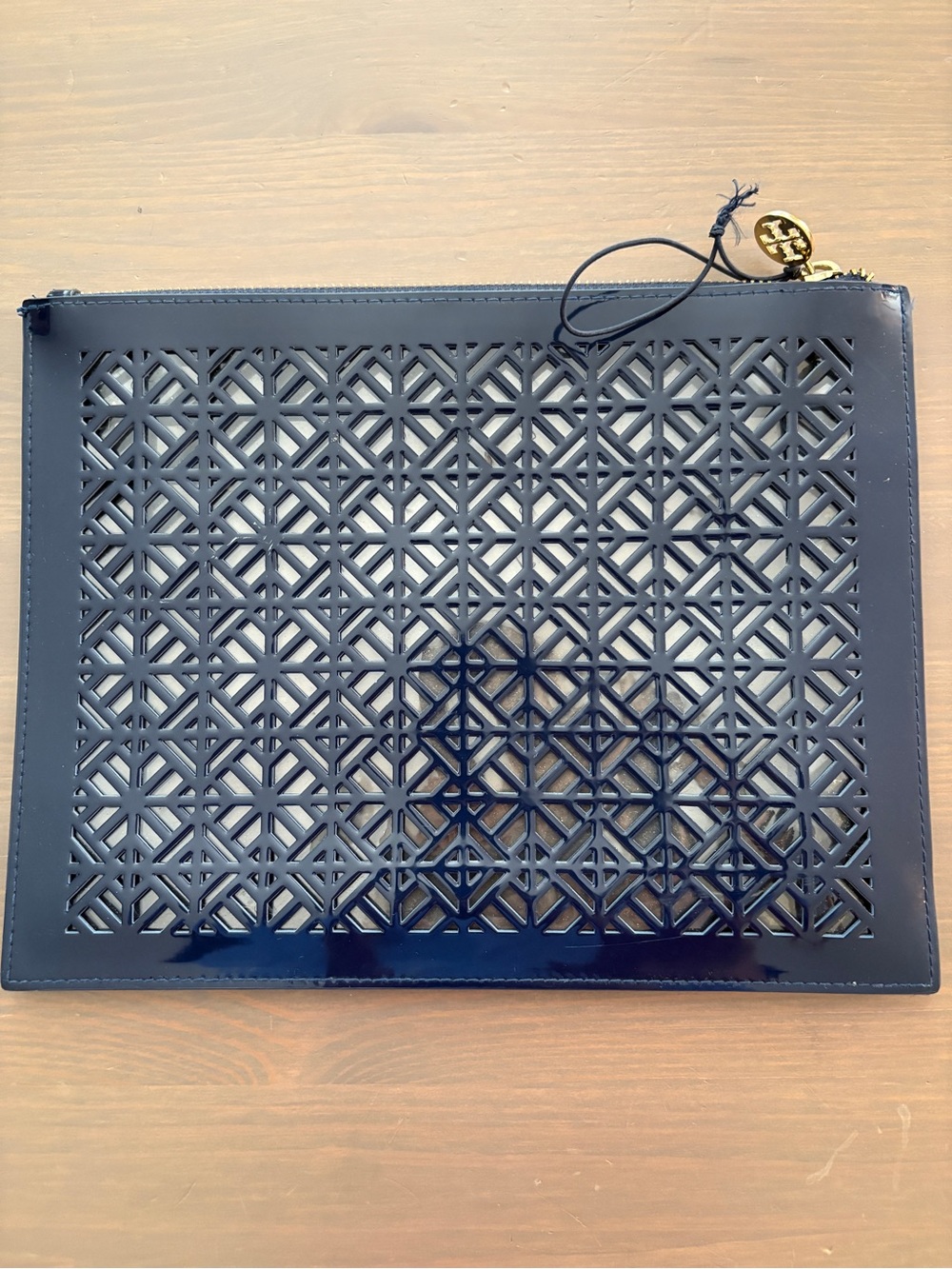 Tory Burch Navy Laser-Cut Patent Leather Zip Pouch